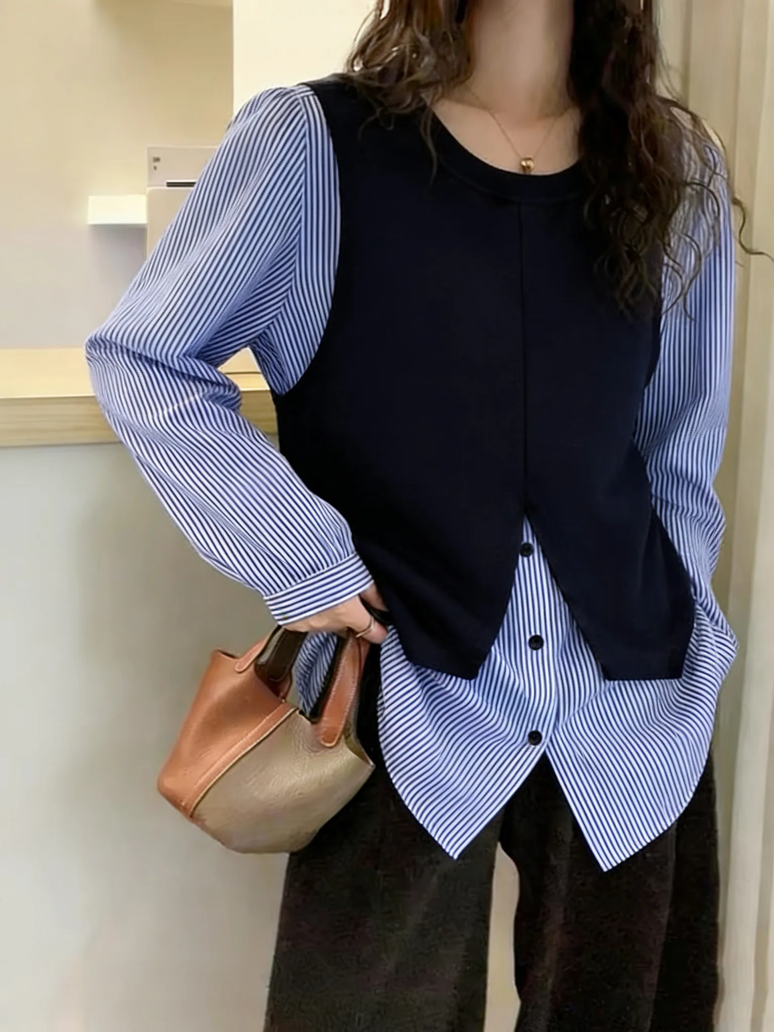 

Стильный полосатый топ с длинным рукавом для женщин больших размеров, весна 2026, повседневный, с круглым вырезом, комбинированный дизайн, стандартный крой