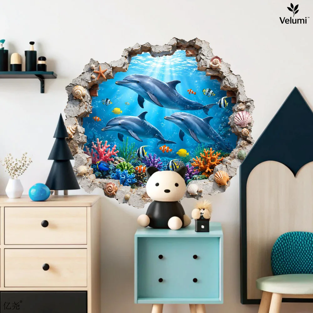 3D Broken Wall Dolphin Sea View Wall Stickers Bedroom Ocean Theme Decorative Decals Removable Wall Art Mural Home Decor