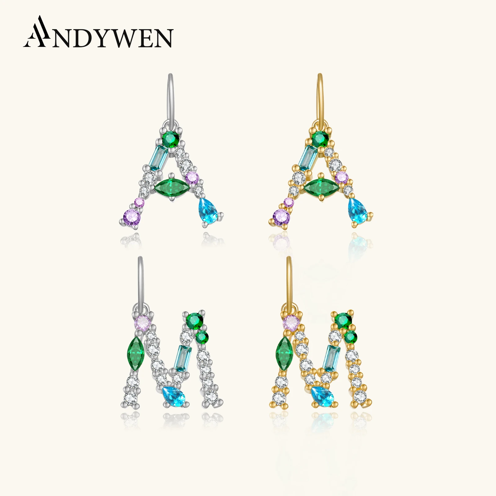 ANDYWEN-Colgante de Plata de Ley 925 con 26 letras verdes de primavera, colgante de cuentas con alfabeto inicial para mujer, pulsera y collar
