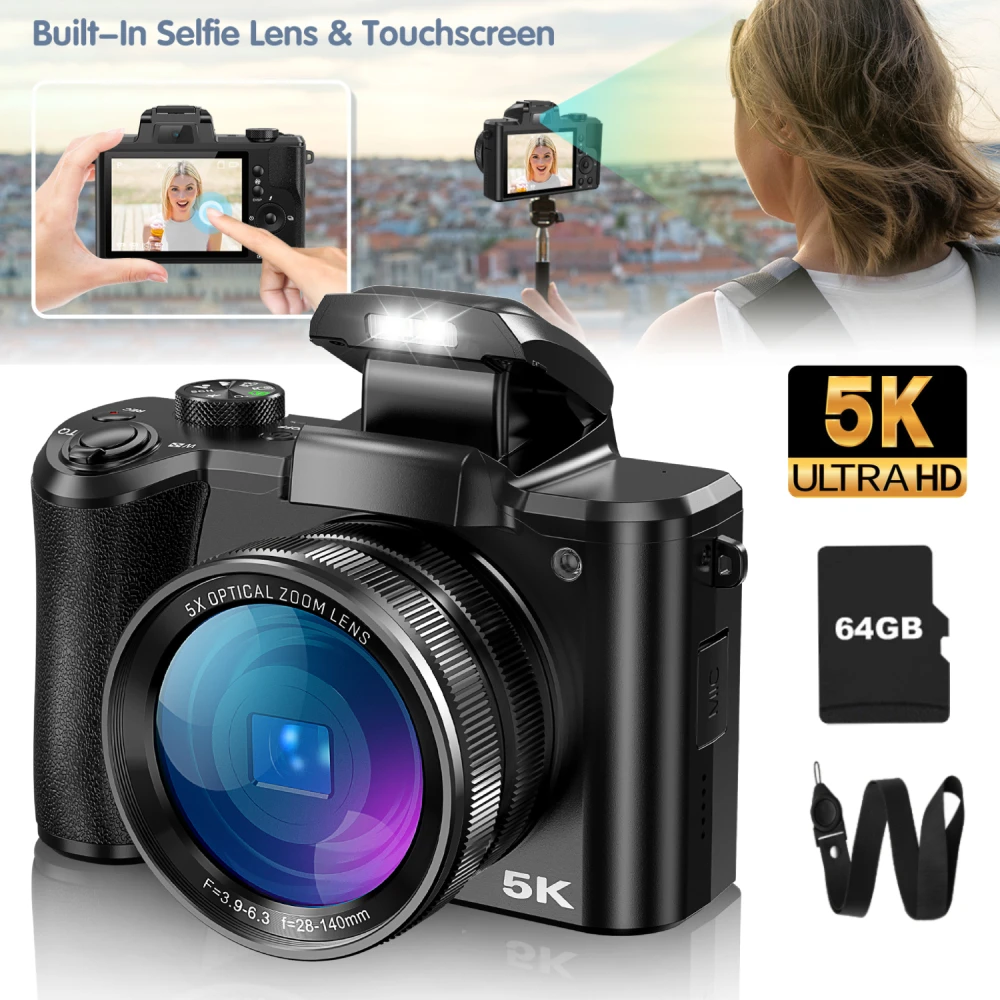 5K Digital Camera for Photography, 64MP Touch Screen Autofocus Vlogging Camera with Selfie Lens, 5X Optical Zoom, 64GB SD Card