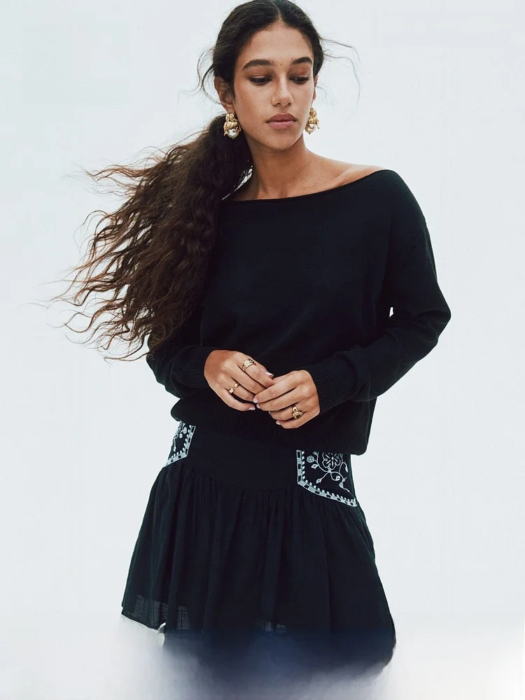 

H&M Summer Women's Shoulder-baring Knitwear Soft Polyester Nylon Blend Long Sleeve Casual Style Regular Fit Ladies Fashion