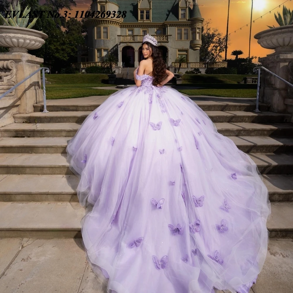 EVLAST Customized Lavender Quinceanera Dress Ball Gown Butterfly Applique Beading Mexican Sweet 16 Vestido De 15 Anos E3Q186