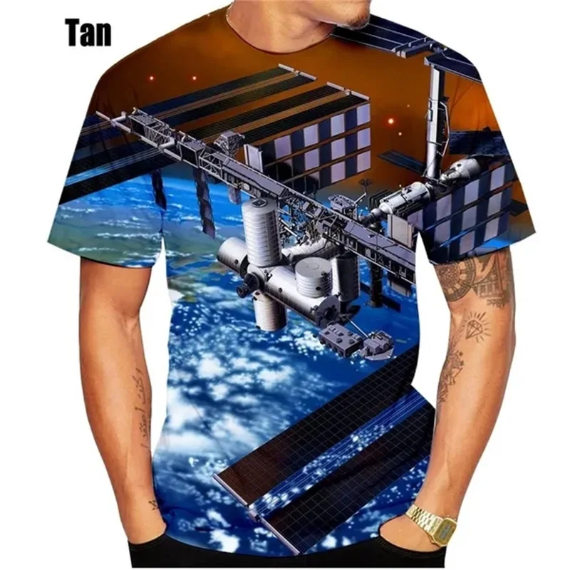 New Fashion 3d Print Space Station And Satellite Graphic Tshirt For Men Short Sleeves Casual O-neck Cool Tee Tops Streetwear