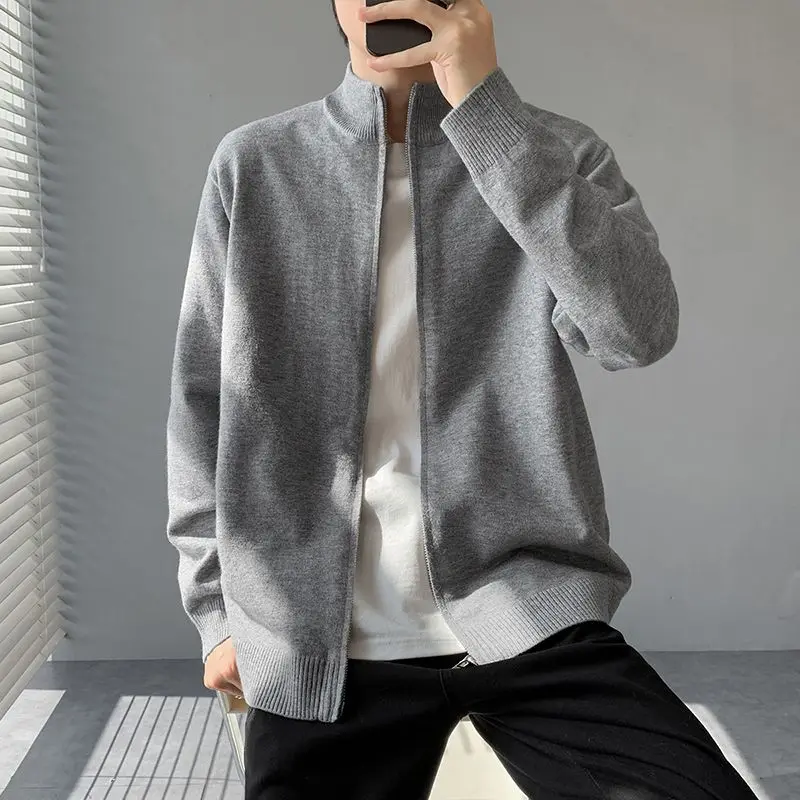 

Свободный крой, корейский вязаный джемпер на молнии, мужской длинный свек, повседневный простой теплый открытый кардиган с воротником-стойкой, свитер