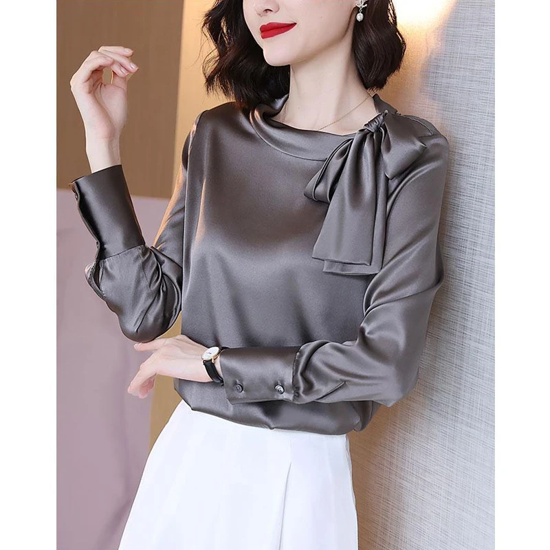 Spring Autumn Fashion Satin Elegant Chic Bow Lace Up Design Office Lady Shirt Solid Loose Long Sleeve Blouse Top Women Blusas