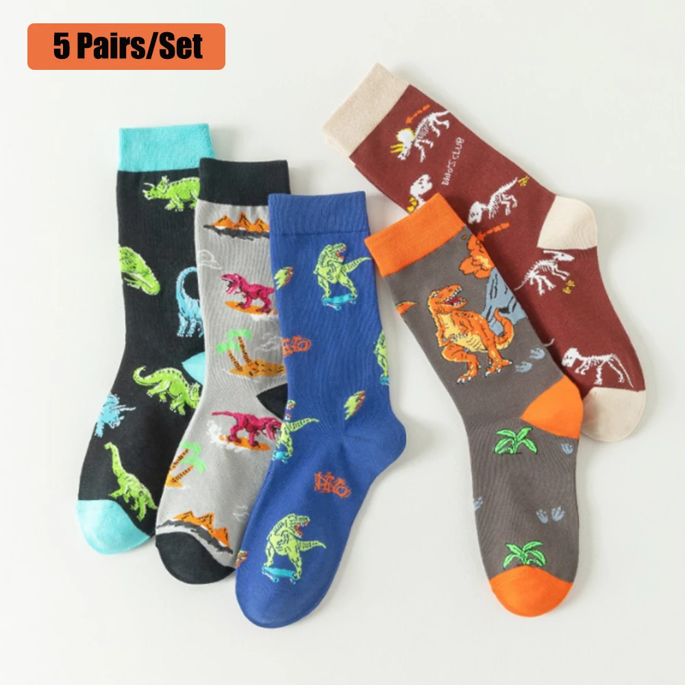 

5 Pairs/Set Unisex Novelty Socks Women's Socks Funky Fancy Dinosaur Skull Trendy Funny Casual Cotton Crew Socks for Women