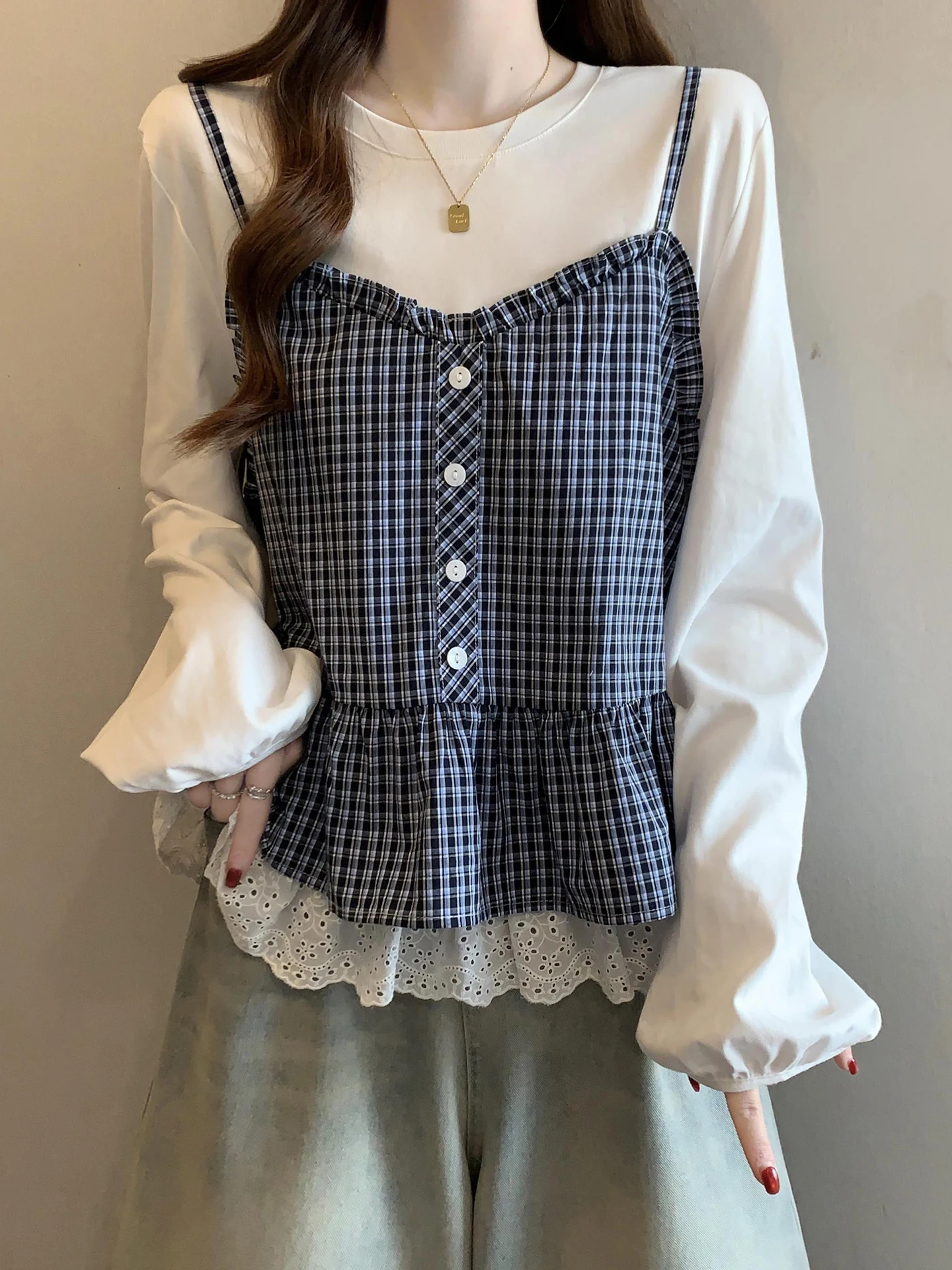 

Женская рубашка в клетку с длинным рукавом, больших размеров, свободного кроя, с круглым вырезом, скрывающая живот, в корейском стиле, для повседневной носки