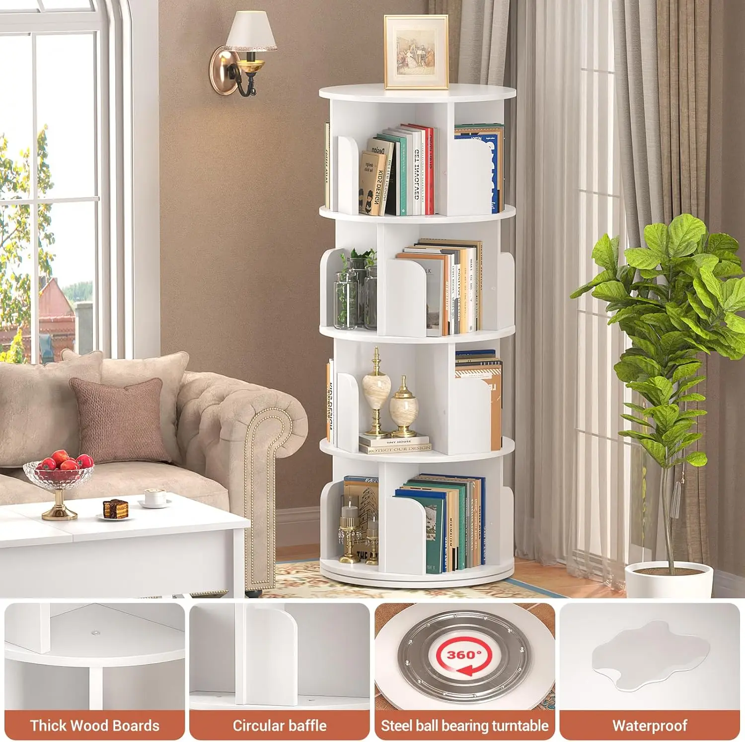 Wood Corner Bookshelf, 360 Display Spinning Bookcase Storage Rack, 4 Tier Floor Standing Revolving Bookcase Narrow Book Shelf