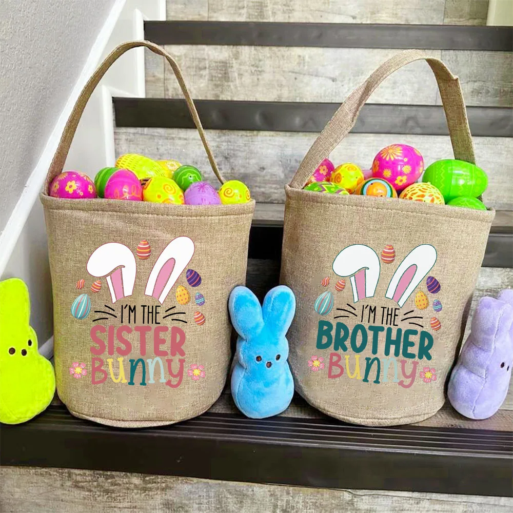 I'm Big Sister Big Brother Bunny Print Easter Bucket Boys Girls Easter Tote Bags Children Easter Party Cookie Bag Gifts for Kids