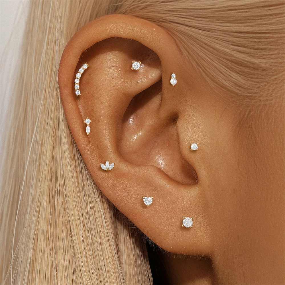 AIDE 925 Sterling Silver Shiny Heart/Star Cartilage Helix For Women Geometric Horse Eyes/Crown Mini Nose Nail Piercing Earrings