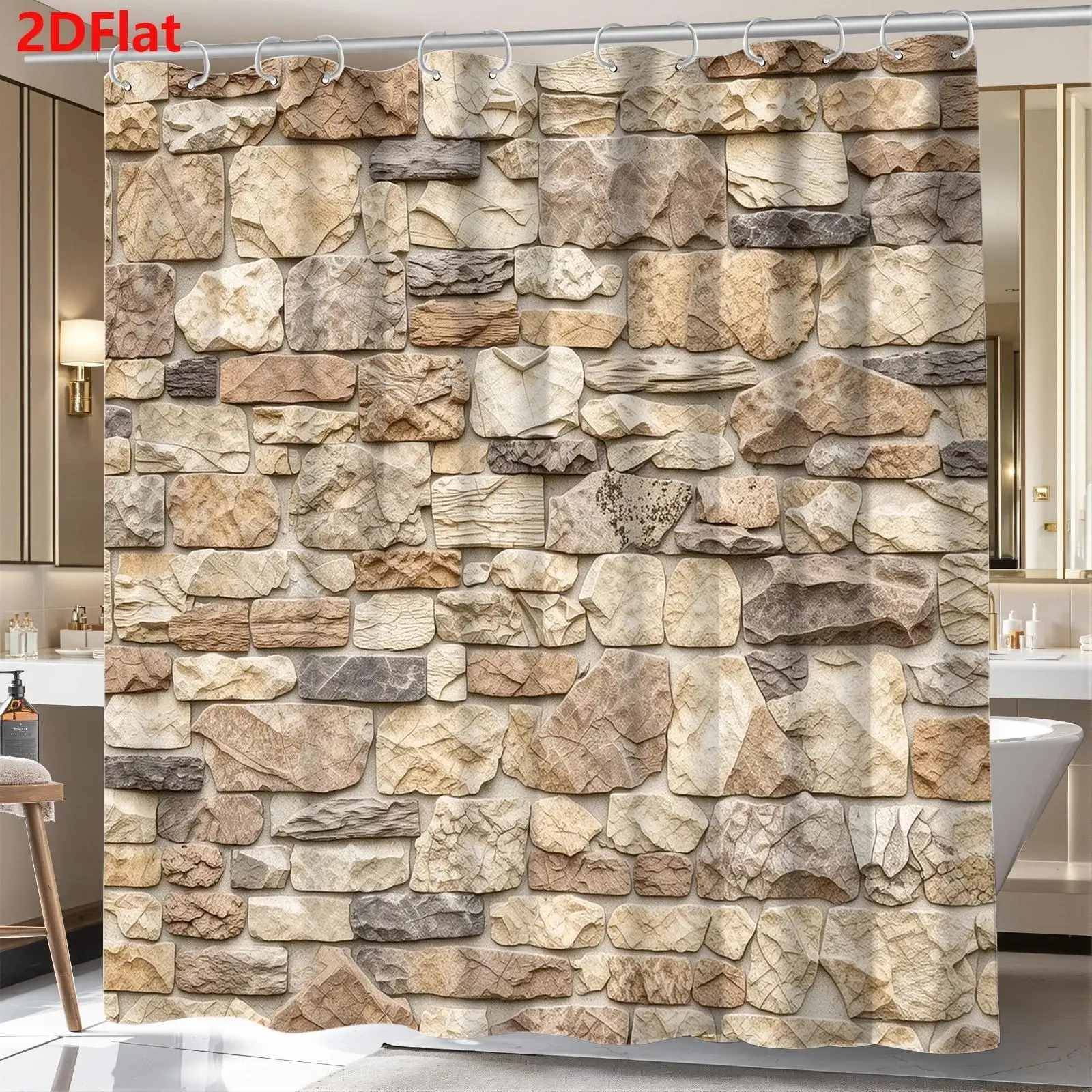 Realistic Stacked Stone Tile Shower Curtain Waterproof Bathroom Decor Natural Rock Wall Panel Shower Curtain