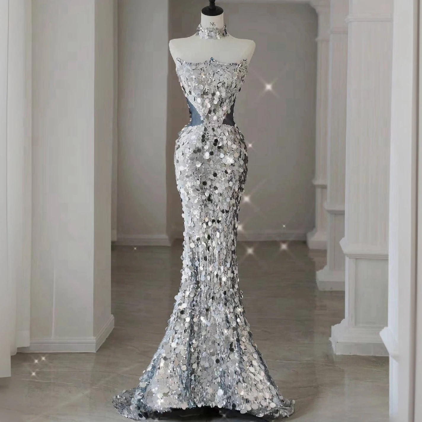 

Silver Mermaid Evening Dresses Off Shoulder Sequins Removable Tulle Bow Trailing Sleevless Lace-up Red Carpet Celebrity Gowns