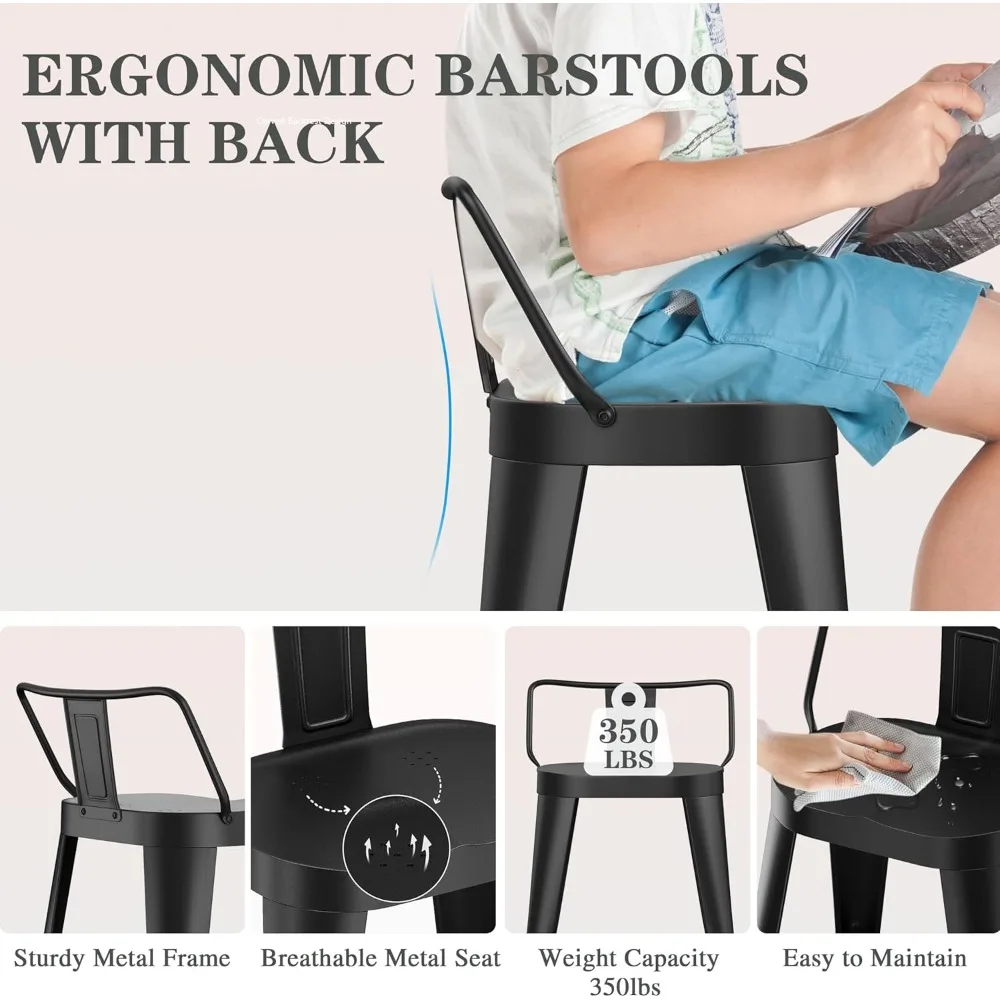 24インチ バースツール 4脚セット、インダストリアルメタルバースツール ファームハウスバーチェア 大きなシート付き キッチンアイランド用 (24インチ)