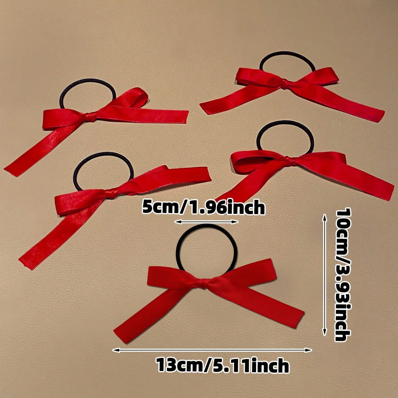 5 Stück Haargummis mit roter Schleife, Haargummis aus Satinband, Haarschmuck für Frauen und Mädchen, trendige Pferdeschwanzhalter für die tägliche Party – Detail 3