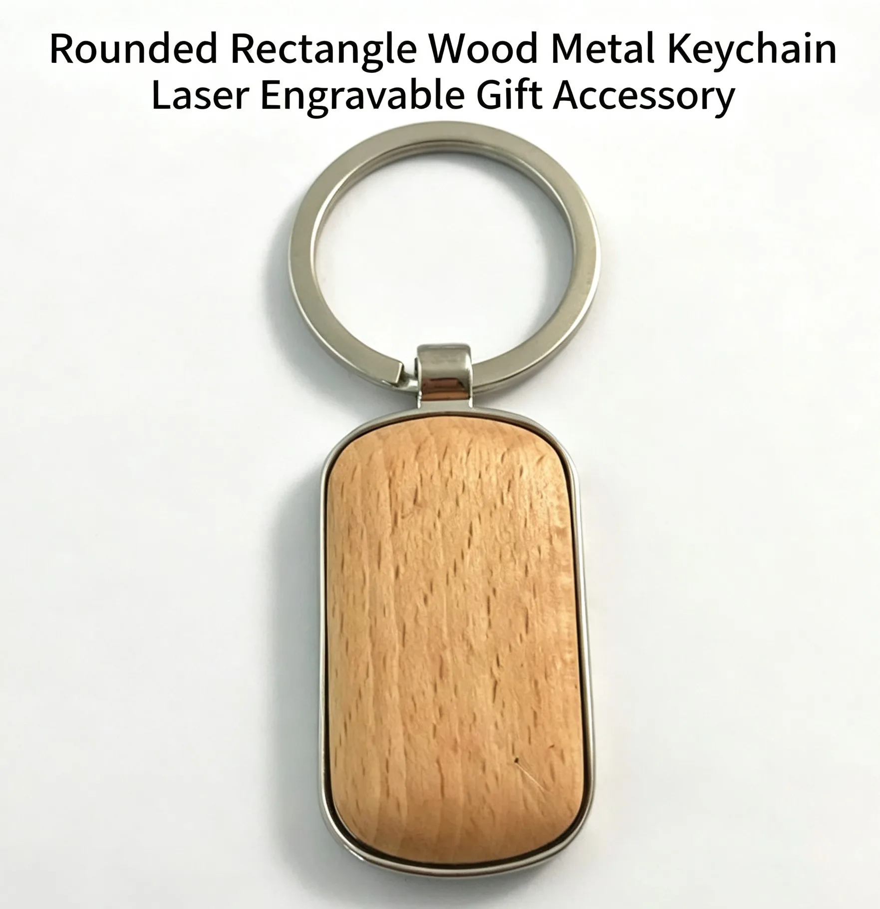 Rectangular Blank Beech Wood Alloy Metal Key Ring Keychain Pendant Charm Custom Laser Engravable Business Gift