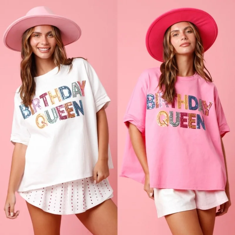 Short Sleeves Sequin Printing T-shirts for Women Loose O Neck Patchwork Pullovers Fashion Birthday Queen Top T-shirt for Women