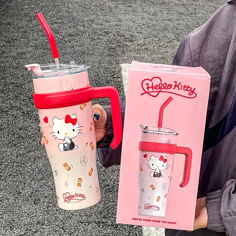 HelloKitty Tumbler Straw  1200ML large capacity Kuromi Cinnamoroll Melody Stainless Steel Thermos Cup Sanrio Cute  Water Bottle