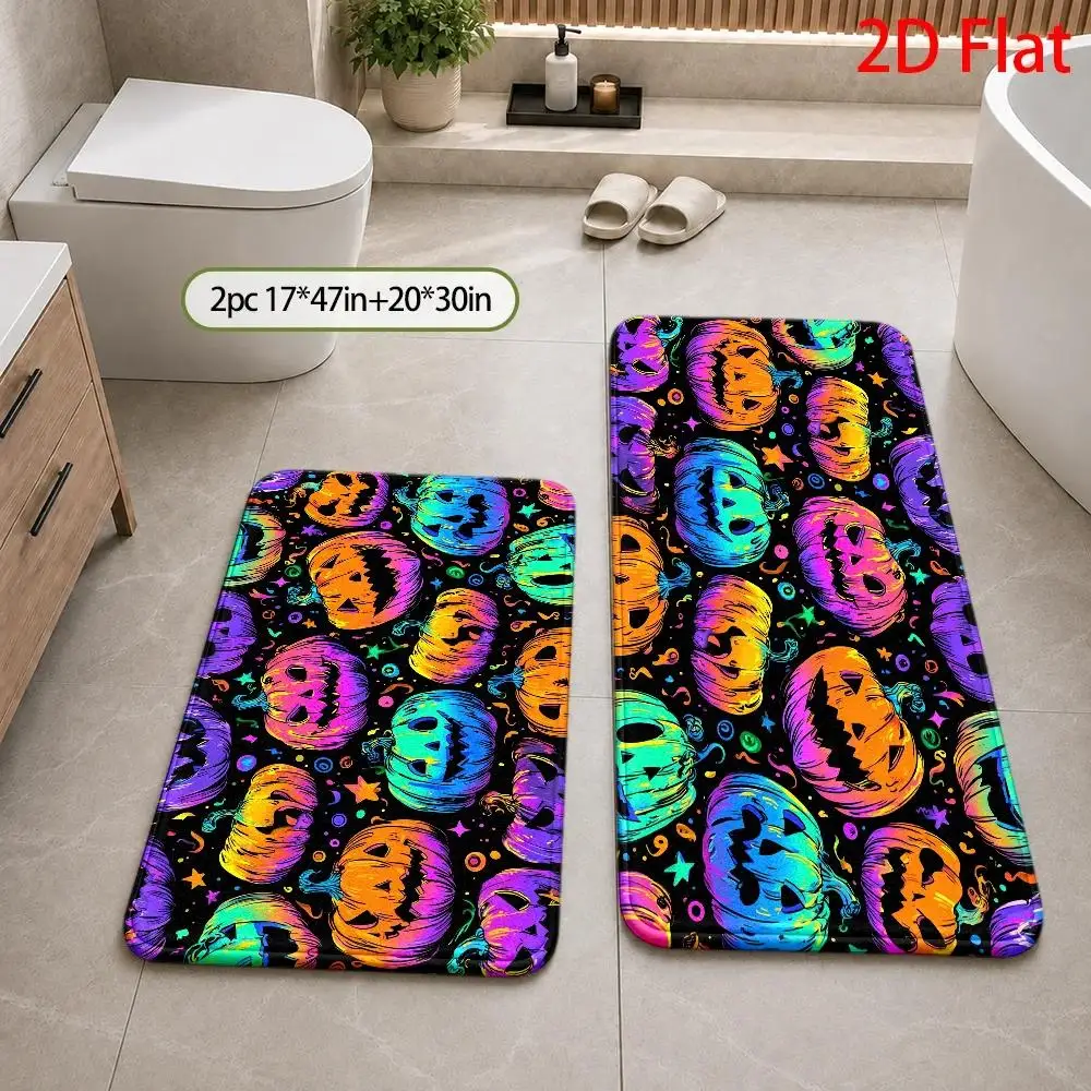 1pc, 2pcs, 3pcs, 2D Flat, Halloween Glow-In-The-Dark Jack-O-Lantern Bath Rug Sets, Vibrant Neon Pumpkin Bathroom Mat, Soft Comfortable Easy-To-Care-For Indoor Rug, Perfect for Bathrooms Kitchen Bedrooms