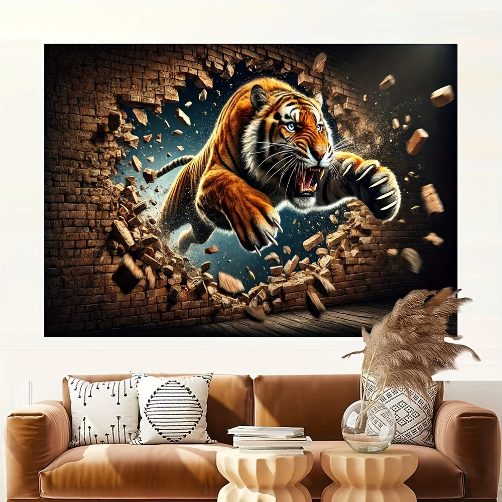 Tiger Breaking Wall 3D Art Print Animal Wall Mural Living Room Decor Modern Home Interior Design Wildlife Poster Tiger Art