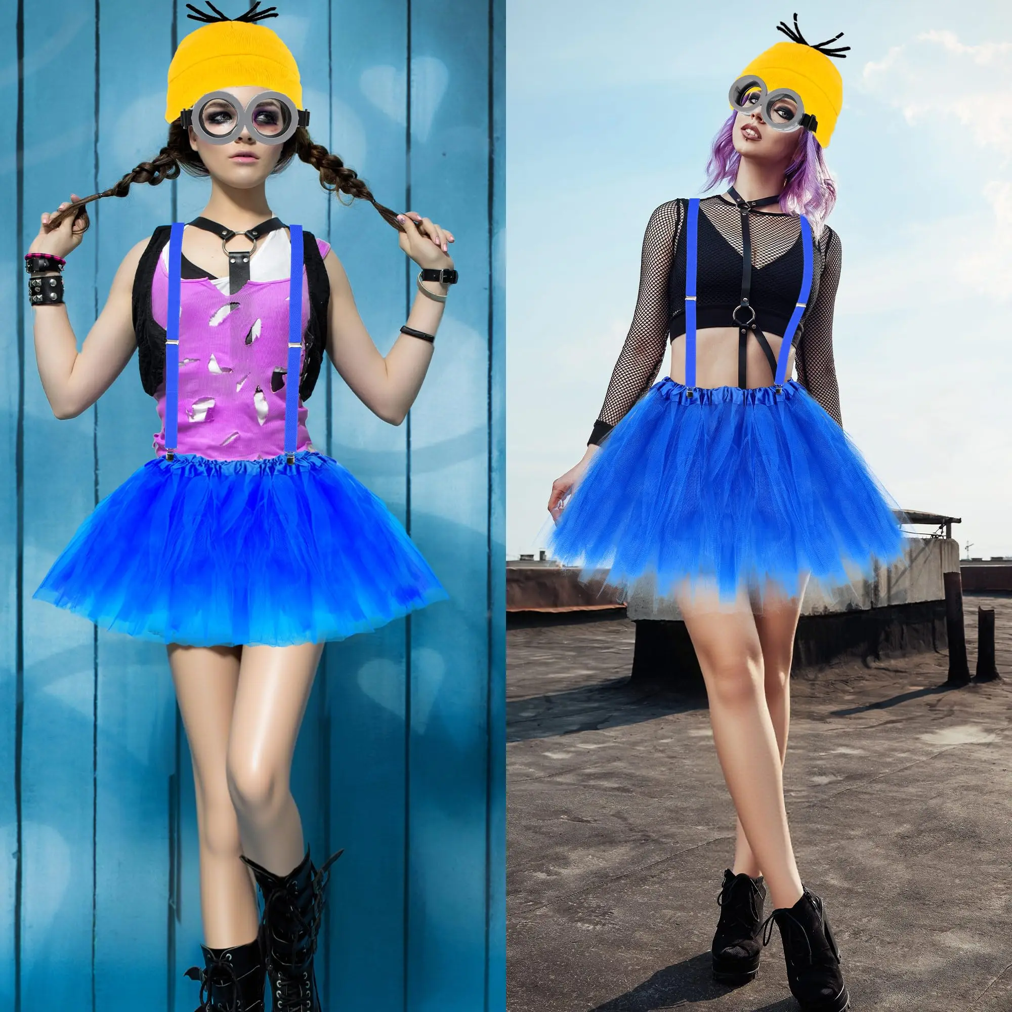 Halloween Kostüm Erwachsene Gelbe Beanie Hüte Handschuhe Steampunk Brille Brille Rock Hosenträger Socken Für Mädchen Jungen Cosplay Set