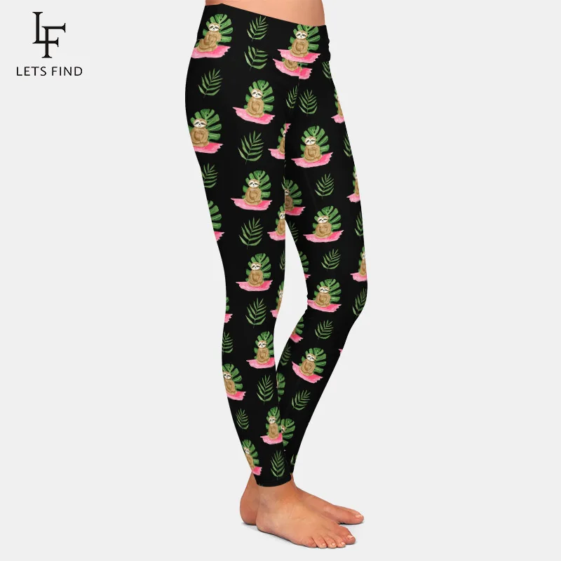 LETSFIND 2020 High Quaility Leggings da donna High Wiast 3D bradipo seduto In foglie tropicali stampa Leggings completi da donna