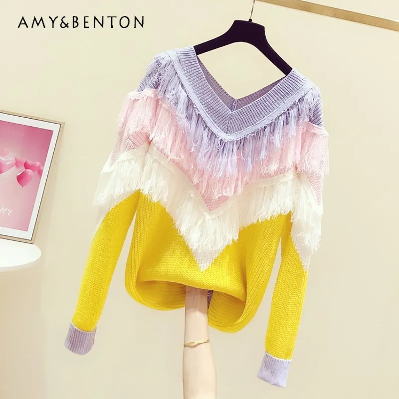 Heavy Industry Multicolored Tassel Pairs V-neck Long-Sleeved Sweater Women 2023 Autumn Winter New Korean Style Casual Knitwear