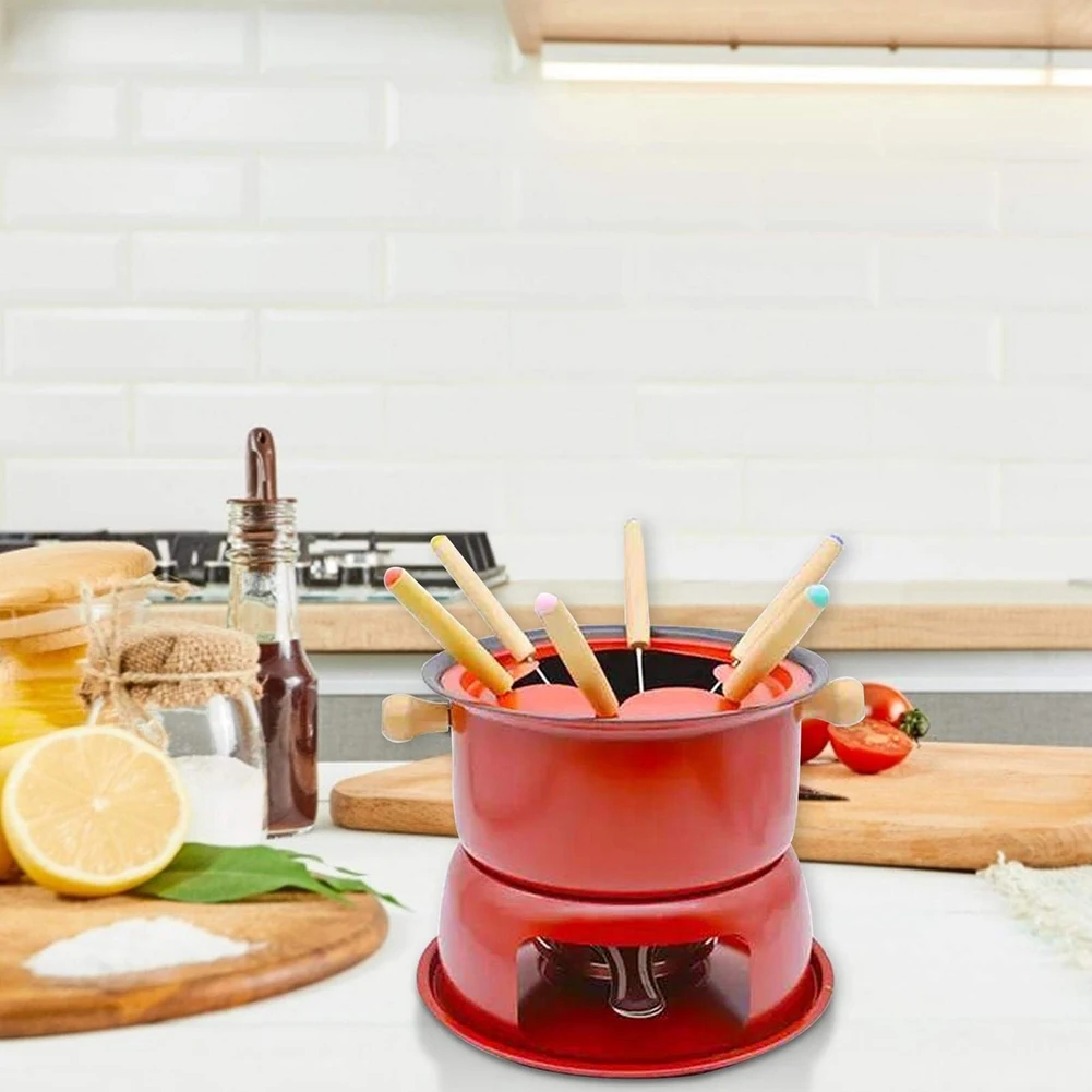 Red Mini Stainless Steel Fondue Pot Set Cheese Chocolate Fondue 6 Dipping Forks and Removable Pot Melts Candy Sauce Dip images - 6