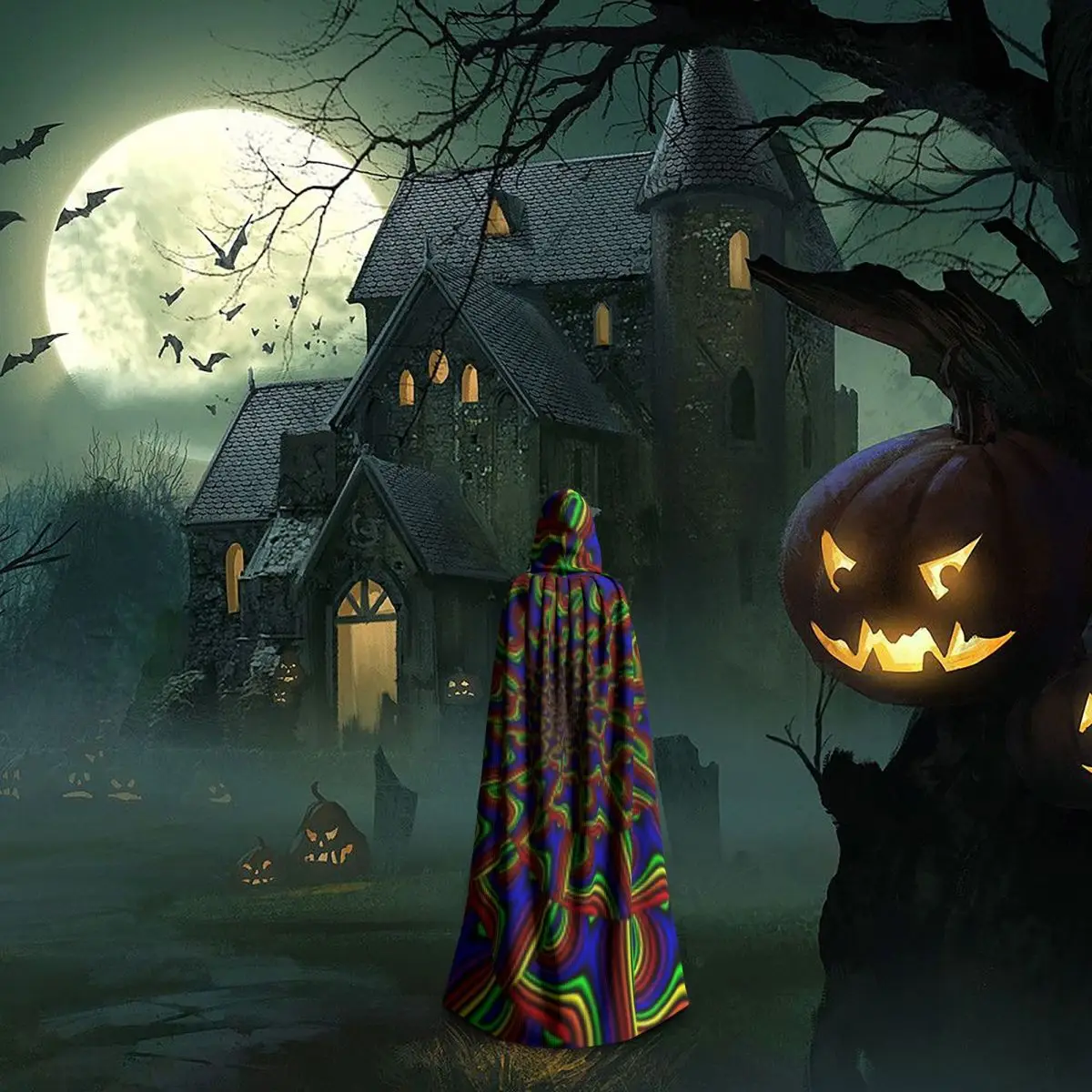 مخدر دوامة طويلة مقنعين عباءة الساحرة القرون الوسطى زي تأثيري كيب هالوين معطف الكبار للجنسين