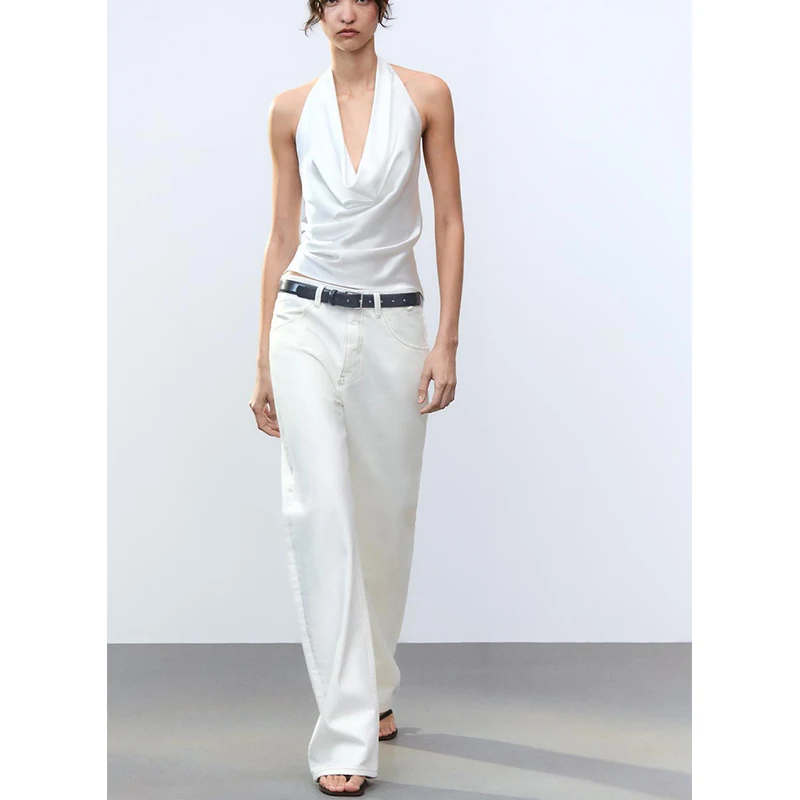 

Spring New Women's Silk Satin Knot Decorated Draped Faion Collarl Top Slim Fit Svel round Ne Regular Length