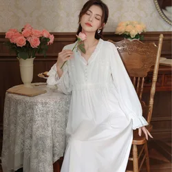 Women Loose Cotton Nightdress Princess Sweet Embroidery Full Sleeves Lace Nightgowns V-Neck Mid-Calf Long Loungewear Nightie