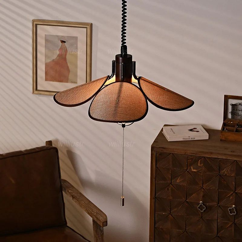 Holz-Pendelleuchte, Zen-Hängeleuchte, Teestube, Bar, Hotel, Café, Federschnur, japanischer Stil, Leinenschirm, hängender Deckenleuchter
