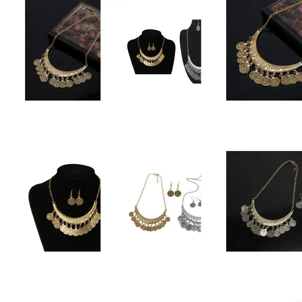 195C Exquisite Silver Coin Necklace Earring Set Gypsy Jewelry Gift for Mother's Day