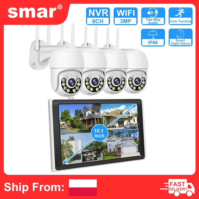 

Smar 10.1 Inch Monitor 3MP Wireless Surveillance Kit Outdoor Wifi IP PTZ Security Camera System 8CH NVR Kit Home Mornitoring Set