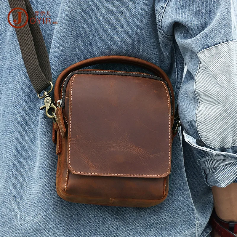 Crazy Horse leather men's cross-body backpack real leather men's handbag retro large capacity square shoulder bag men's bag