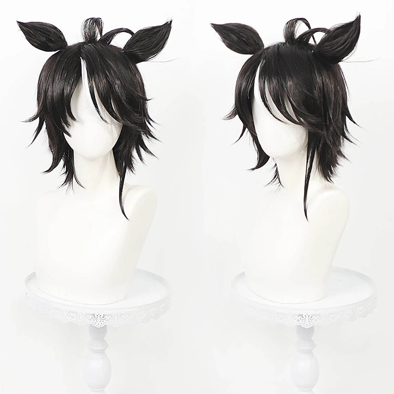 Fuji Kiseki Uma Musume Cos Wig Black Layered Short Hair Heat‑Resistant Wig Horse Ears Clip‑on Ponytail Cosplay Party