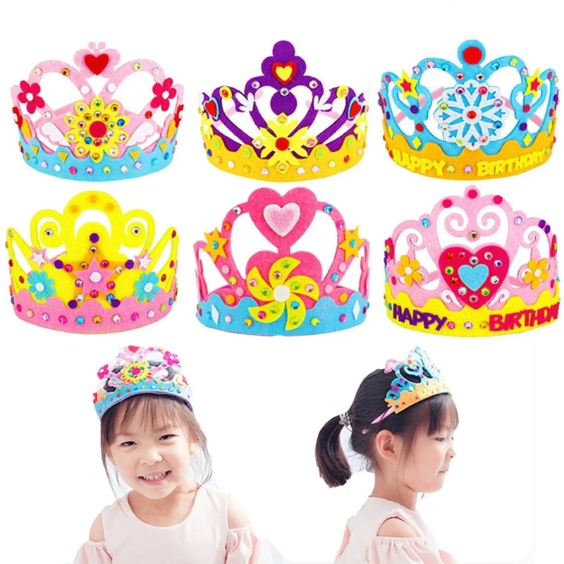 3Pcs DIY Crafts Toy Crown Hat Princess Headwear Creative Paper Flowers Patterns Toys Kids Children Kindergarten Art Party Gifts