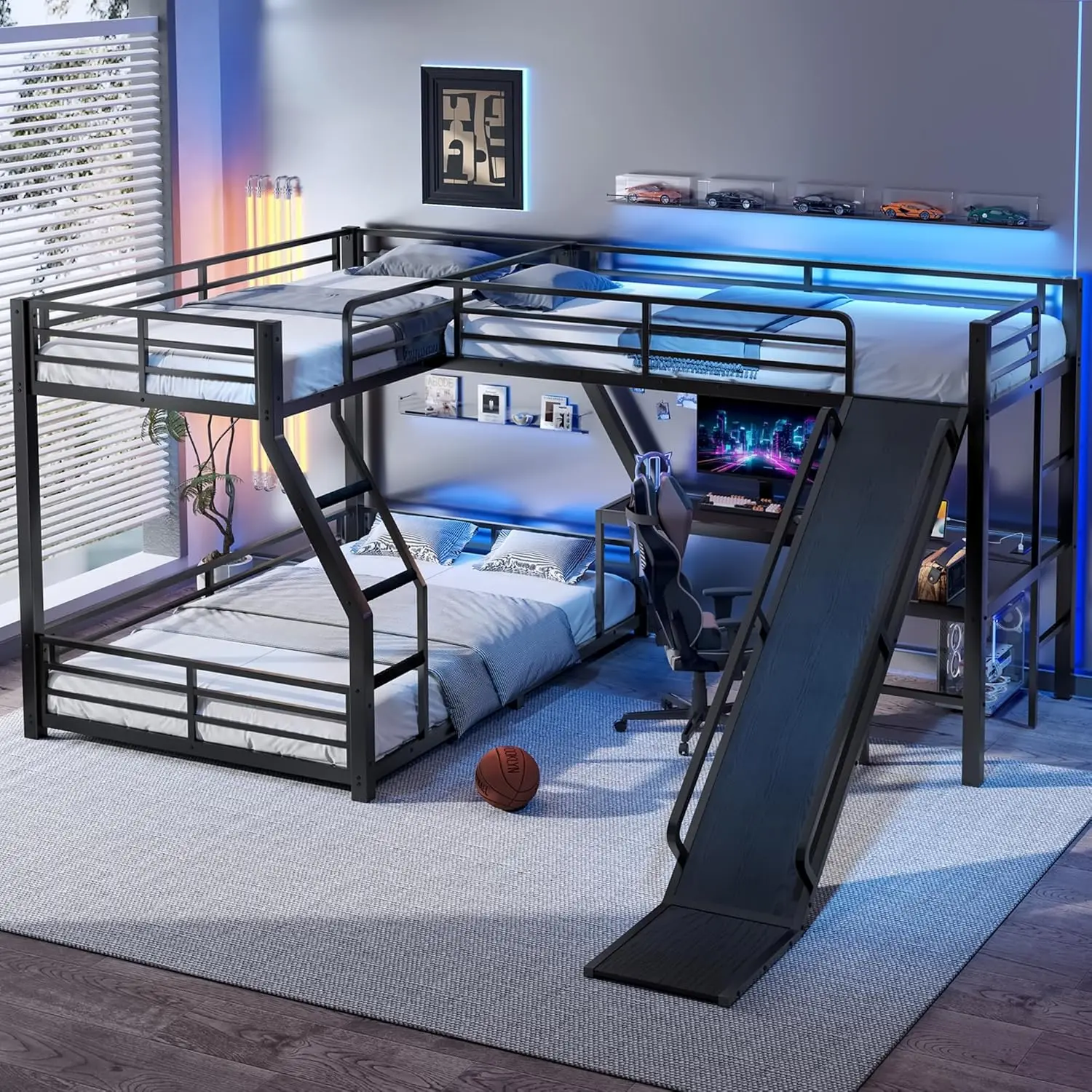 #L-Shaped Twin Over Full Metal Triple Bunk Bed with Slide USB Desk Space-Saving Noise-Free Kids Bedroom Furniture, Customized