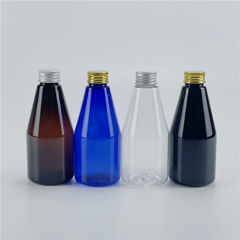 

Clear Black Brown Blue 200ML X 25 Plastic Conical Bottles With Aluminum Screw Cap DIY SPA Massage Oil Toner Cosmetics Containers