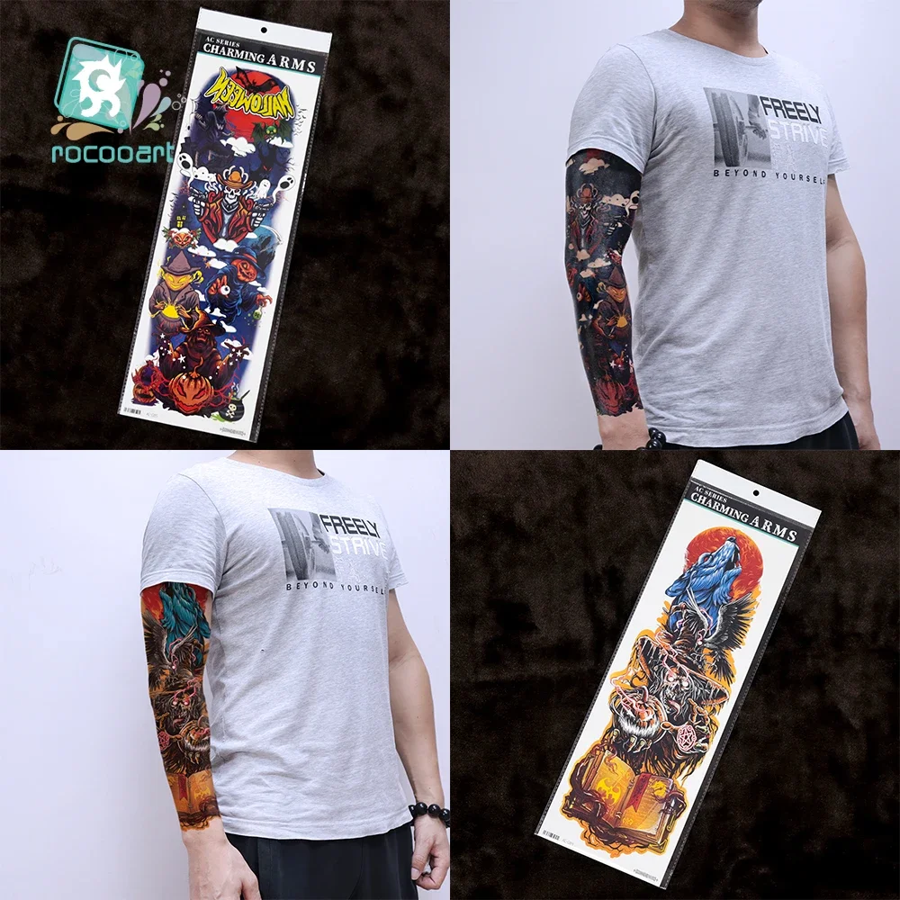 Tatuaje de manga de brazo grande para hombre, calaveras de demonio, fantasma, Lobo, sangre, pegatina temporal impermeable, tótem de calavera completa, tatuaje falso