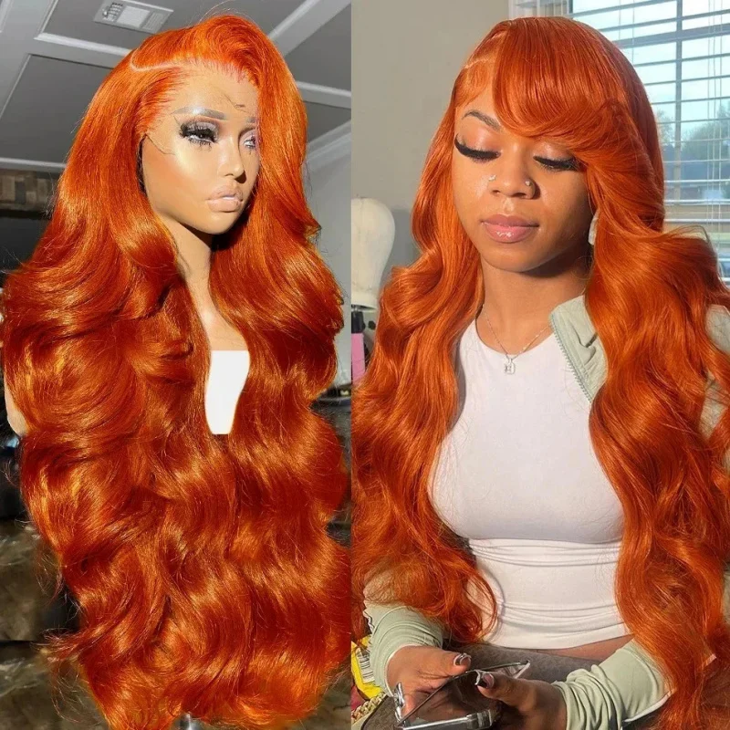 Brazilian , middle-parted orange and burgundy front lace long curly synthetic wig