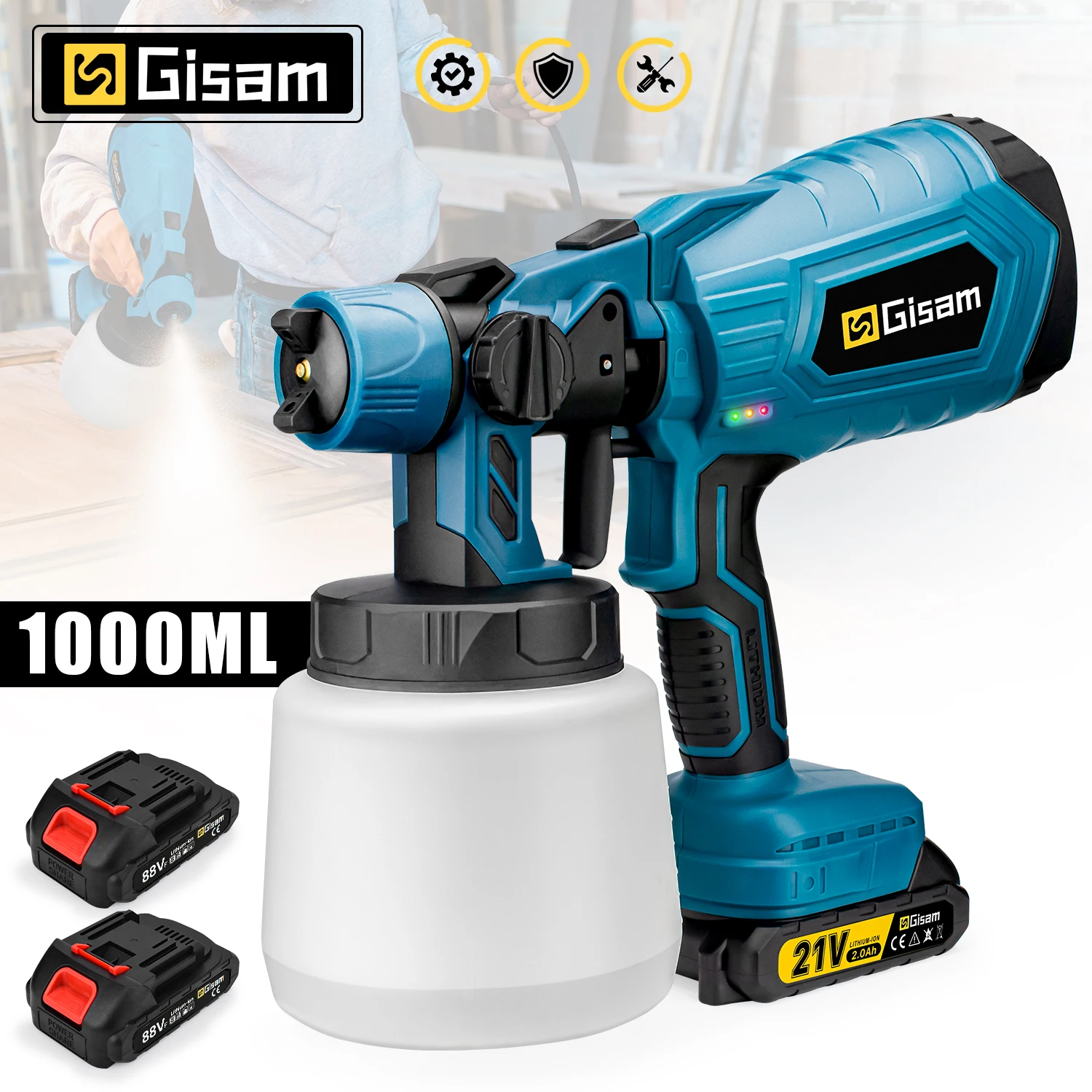 Gisam 1000ML Elektryczny pistolet natryskowy HVLP Bezprzewodowy spryskiwacz do farb Domowy przenośny pistolet do malowania samochodów, mebli, powłok stalowych, aerograf, narzędzie pneumatyczne do