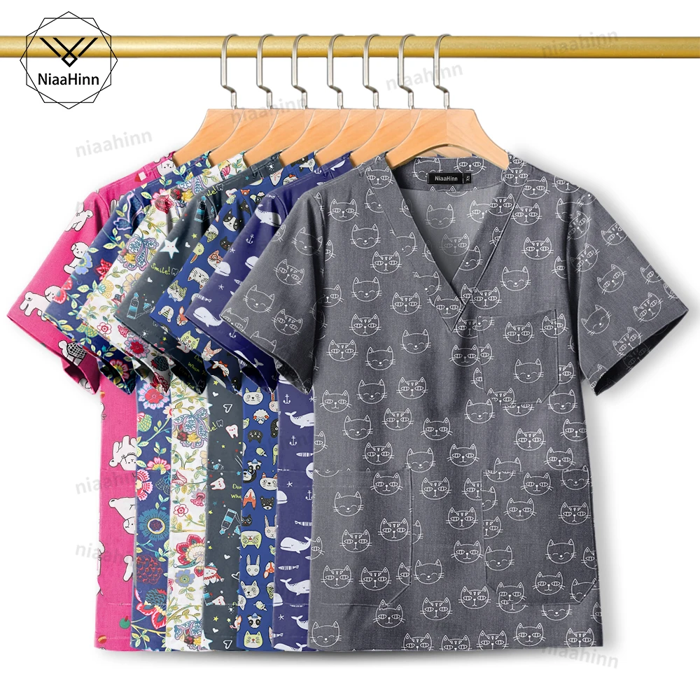 Niaahinn-Unisex Impresso Scrub Top, Médico e Enfermeira Workwear, Uniforme Enfermeira, Beleza e SPA, Limpeza e Jaqueta de Enfermagem, Acessórios Médicos