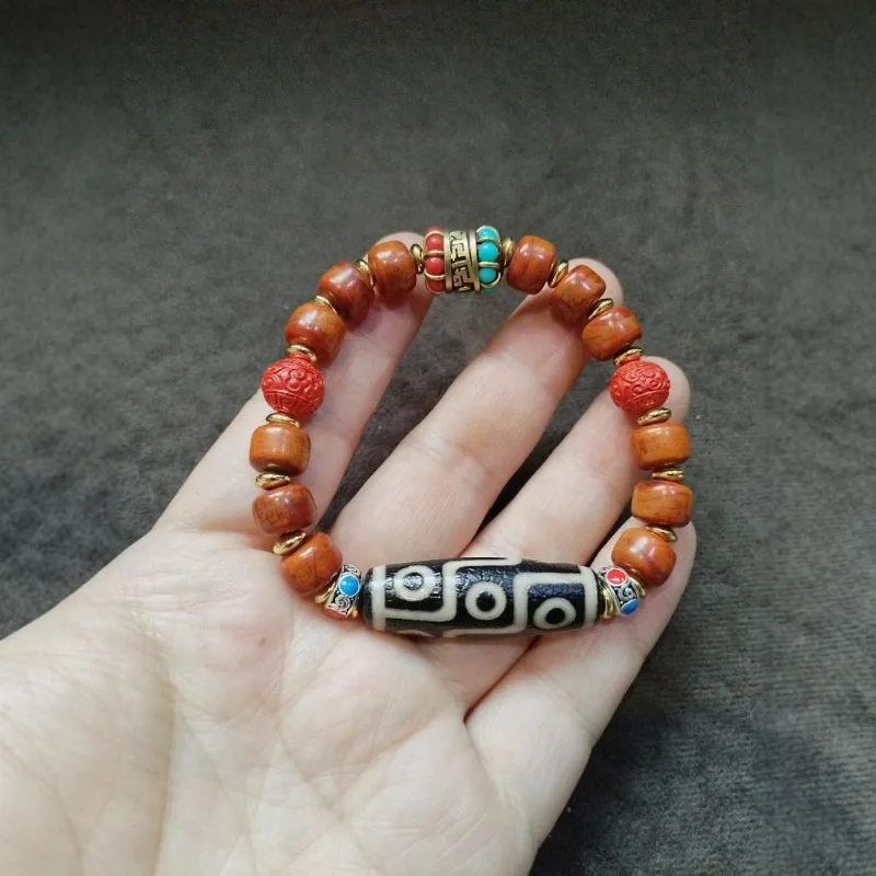 Multi Eye Dzi Style Wood Barrel Bead Bracelet Cinnabar Turquoise Inlay Tibetan Ethnic Lucky Spiritual Bracelet