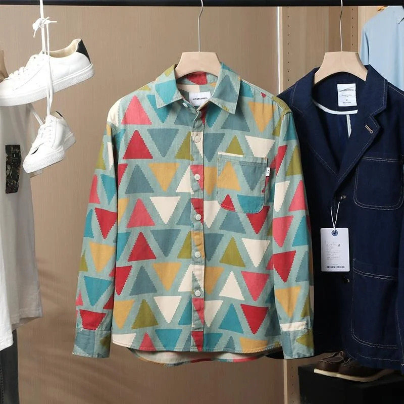 

Stunning Spring Men's Long Sve Cotton irt Geometric Totem Print Workwear Loose Fit Youth Trend Spring 2023
