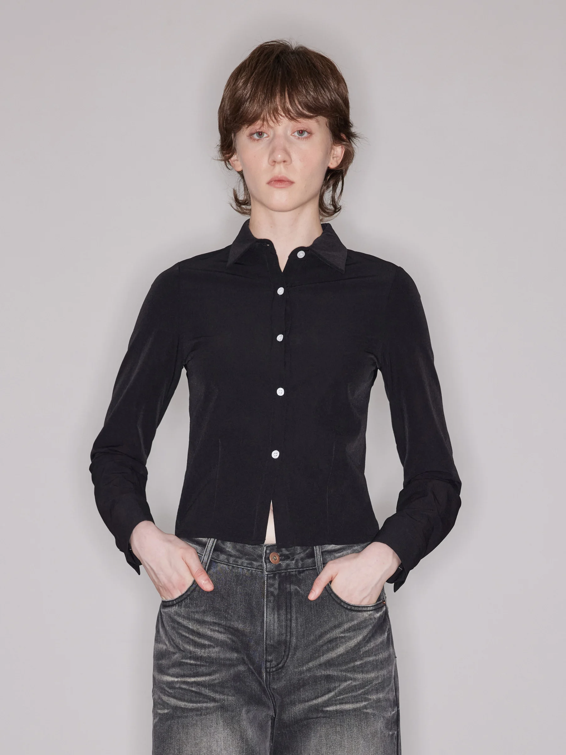 

Lal Project Retro American Elastic Bla irt Women's Slim Fit Long Sve Top Street Sle Pure Color Button up Thin Model