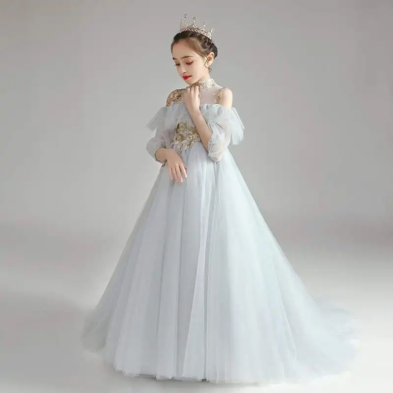 Vestido de actuación de Piano de pasarela para niños, Vestidos de Noche de Host de princesa de boda, niña de flores azul, fiesta