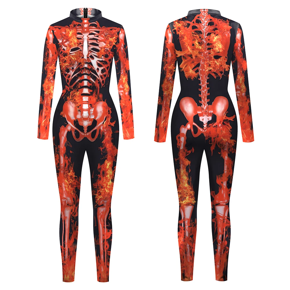 

Flame Skeleton Pattern Halloween Jumpsuit Women Sexy Cosplay Costumes Fancy Carnival Party Bodysuit Slim Fit Performance Outfits