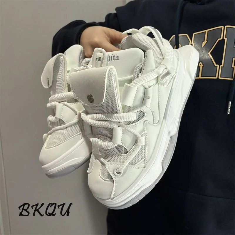 BKQU Maillard Niche Black Thick Soled Increase Bread Shoes 2024 Autumn Ins Korean Version Student Light Sports Casual Shoes Men