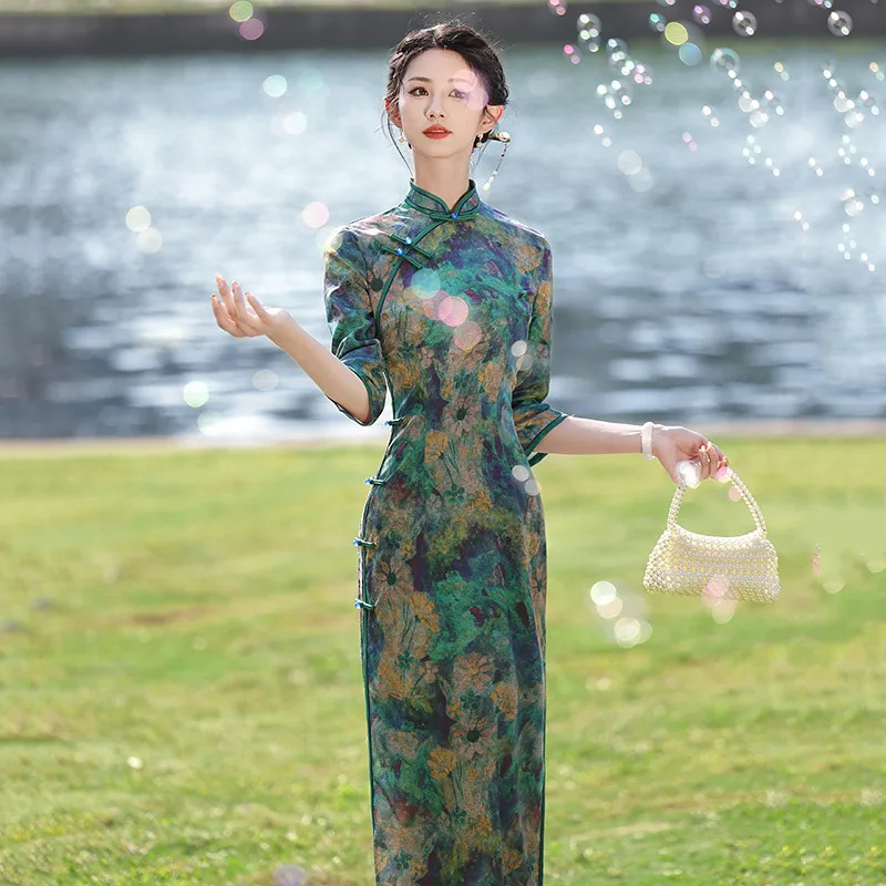 Yourqipao Summer Double-layer Long Improved Cheongsam Formal Retro Fashion Qipao Chinese Style Evening Dress for Women