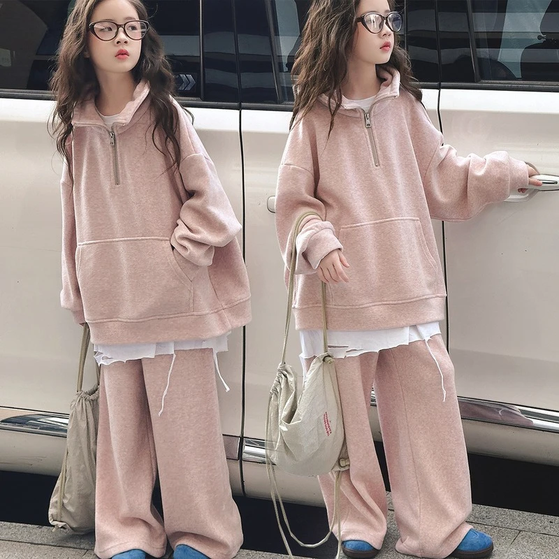 

2025 New Autumn and Winter Half Zipper Solid Color Thick Hoodie and Wide Leg Pants Two-piece Set for Big Children